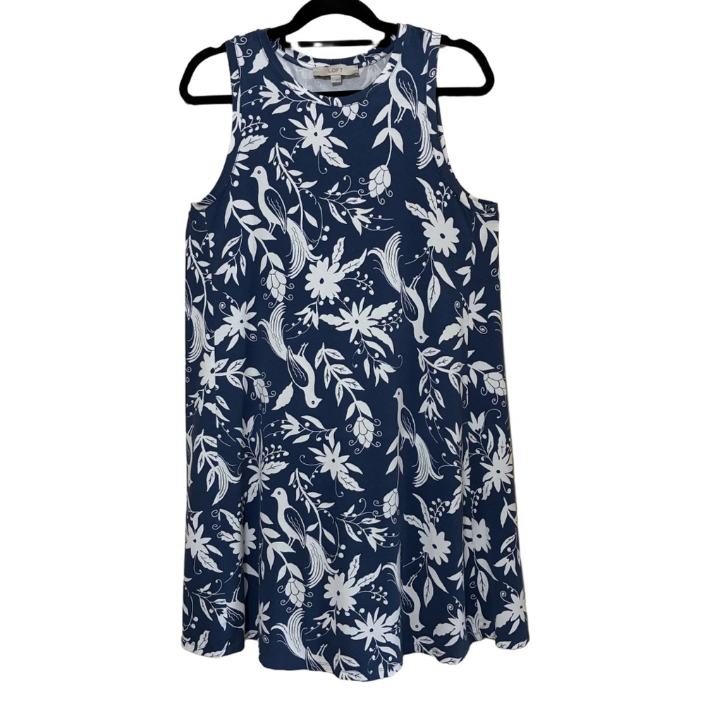 Loft Blue Floral Bird Swing Mini Dress Women’s L Sleeveless Summer Pullover